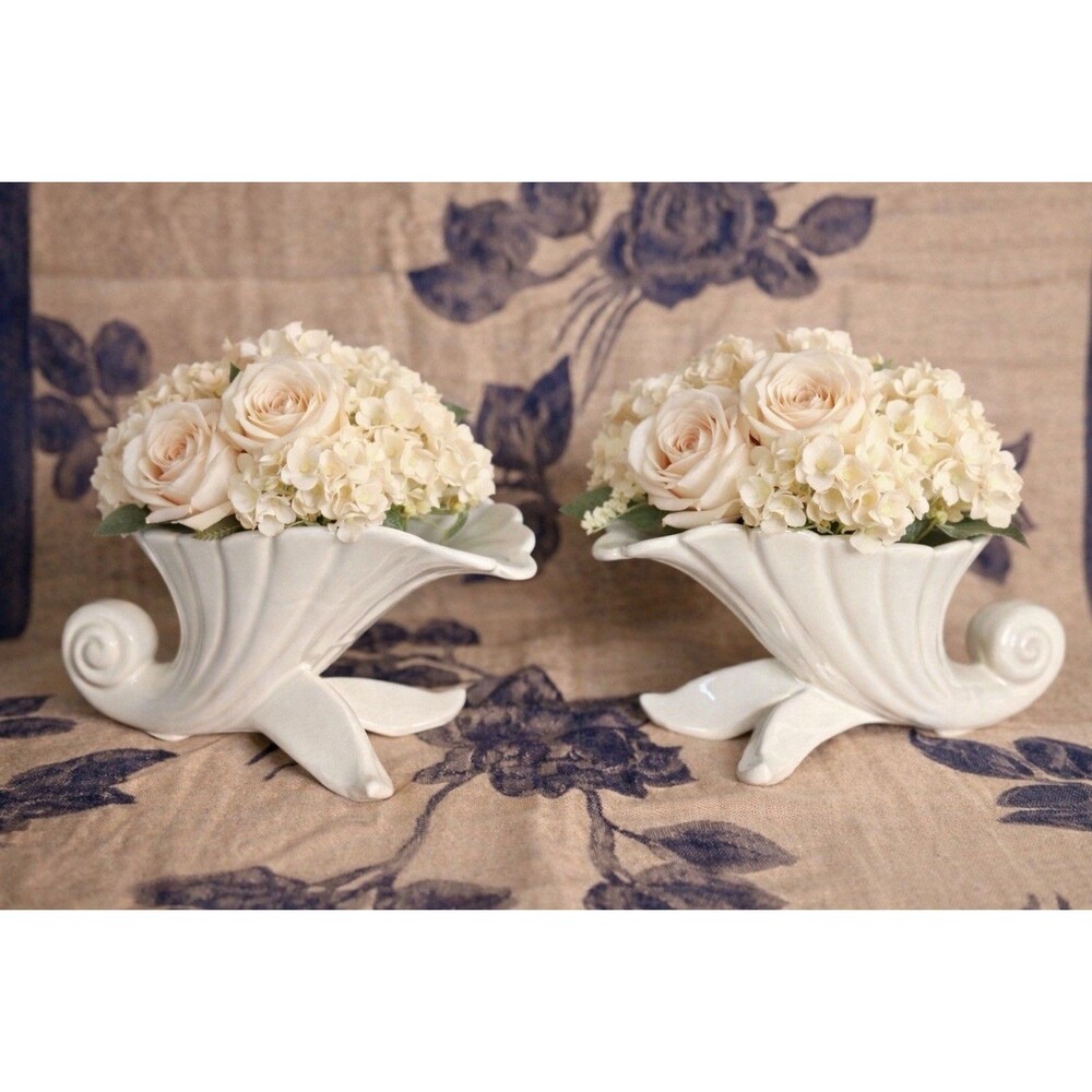 Vintage 1940’s Abingdon Pottery Cornucopia Vases White Ceramic Art Deco Planters